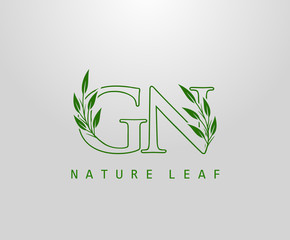 Nature Green Leaf Letter G, N and GN Logo Design. monogram logo. Simple Swirl Green Leaves Alphabet Icon.