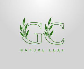 Nature Green Leaf Letter G, C and GC Logo Design. monogram logo. Simple Swirl Green Leaves Alphabet Icon.