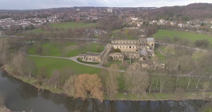 Aerial drone remains of ruins kirkstall abbey museum Leeds, West Yorkshire