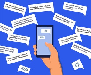 using phone vector. bunch of articles about coronavirus. news about covid-19. surfing the internet on a smartphone vector illustration. hand holding smartphone. pandemic situation problem.