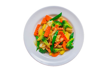 Healthy stir fried vegetables in oyster sauce on white background. Fried vegetables Thai style in white plate on white background.