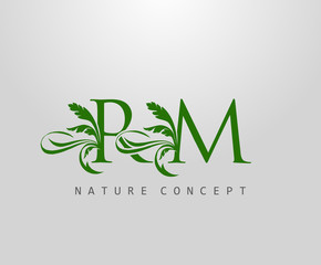 Fototapeta premium Letter R, M and RM Green Leaf Logo Design. monogram logo. Simple Swirl Green Leaves Alphabet Icon.