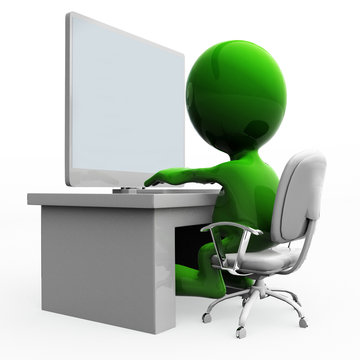 3D Green mascot playing computer game