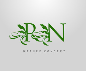 Letter R, N and RN Green Leaf Logo Design. monogram logo. Simple Swirl Green Leaves Alphabet Icon.