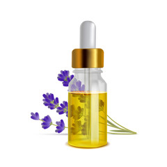Lavender Oil Bottle with Flowers in Realistic Style