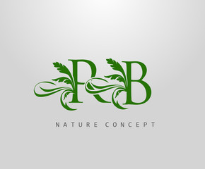 Fototapeta premium Letter R, B and RB Green Leaf Logo Design. monogram logo. Simple Swirl Green Leaves Alphabet Icon.