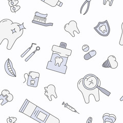 Dentist - Vector color background (seamless pattern) of medicine, tooth, toothbrush, toothpaste, caries and floss for graphic design