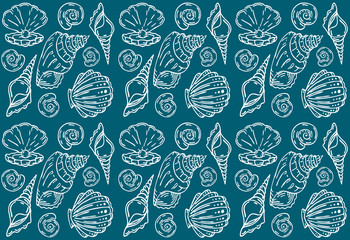 Shell  textile pattern, seamless seashell textile repeating pattern, white linear shells on blue background