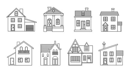 Set of houses, black outline home design collection, line art illustration exterior