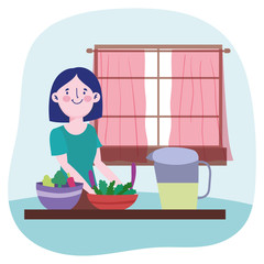 people cooking, woman with juice jar vegetables in bowl counter kitchen