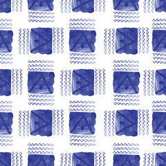 Vector seamless pattern ethnic indigo watercolor with blue square zig zag and white background.
