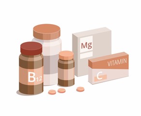 Vitamin bottles and medical pills on white background. 