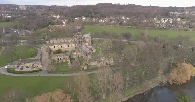 Aerial drone kirkstall abbey monastery ruin Leeds, West Yorkshire