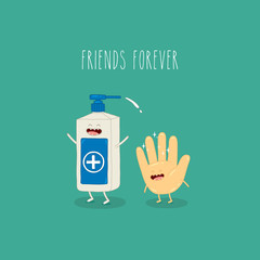 hand and antiseptic friends forever. Vector illustration.