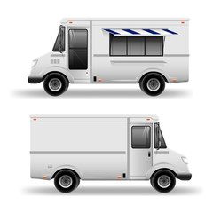 Old school Food Truck - Mockup set isolated on grey. Mobile kitchen van. Corporate identity element. White Service Delivery Truck blank surface