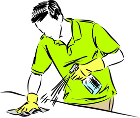 man cleaning table with disinfectant vector illustration