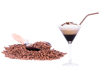 coffee bean and a cocktail glass with a capuccino