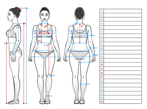 Woman in underwear view from front, side and back, black and white. Scheme of measurement of the human body. Table for entries