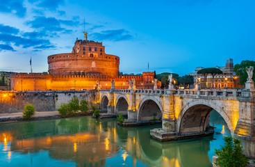 Night view of Castle Sant Angelo (Mausoleum of Hadrian), bridge Sant Angelo and river Tiber in...