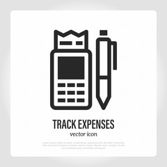 Track expenses: pen with calculator. Control the budget. Financial success. Thin line icon. Vector illustration.