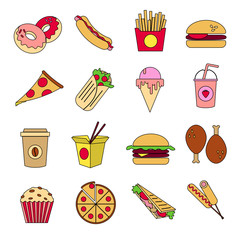 Set of fast food icons . Colored icons with a thin black outline. Hot dog, Burger, pizza, corn dog, coffee, shake, cupcake, chicken legs, donut,ice cream,noodles,Shawarma,sandwich, French fries