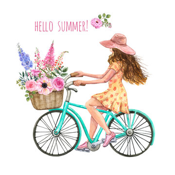 Girl is riding her mint green bicycle watercolor illustration. Summer beach bike with flower basket and young women in pretty dress and hat , isolated on white background. Hand drawn vacation graphic