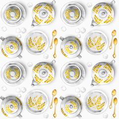 Modèle vaisselle tasse cuillère théière sucrier soucoupe plaque vaisselle aquarelle fond blanc répétant sans couture
