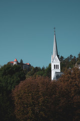 Bled, Slovenia, castle, church, in the trees