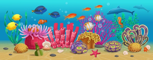 Large set of coral reef with algae tropical fish and corals. Vector illustration in cartoon style.