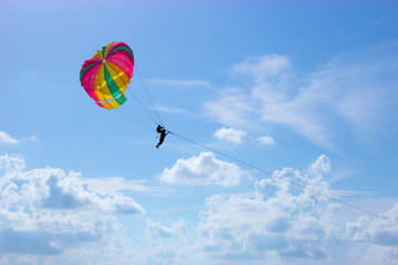 Two people Skydiver parachuting on blue sky background, Human amateur jumping parachute extreme sport on the beach in holiday summer.