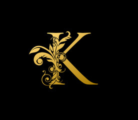 K Gold Letter Logo With Elegant Floral Design. Vintage drawn emblem for book design, brand name, letter stamp, Restaurant, Boutique, Hotel.
