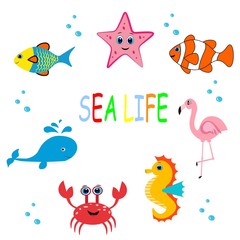 Obraz premium cute sea animals set.cartoon vector illustration. Marine life. 