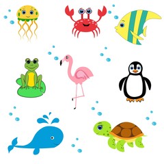 Obraz premium cute sea animals set.cartoon vector illustration. Marine life. 