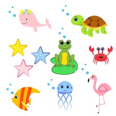 cute sea animals set.cartoon vector illustration. Marine life. 