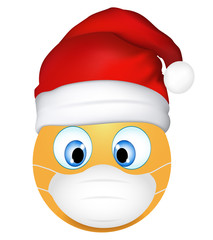 Emoji emoticon wearing medical mask and Santa Claus hat. Funny emoticon. Coronavirus outbreak protection concept. Merry Christmas. 3d illustration. Three-dimensional. isolated