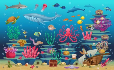 Obraz na płótnie Canvas Big set of coral reef with algae tropical fish, a whale, an octopus, a turtle, jellyfish, a shark, an angler fish, a seahorse, a squid and corals. Vector illustration in cartoon style.