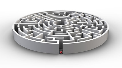 red ball and circular maze of white color  . 3d render. 3d labyrinth maze challenge