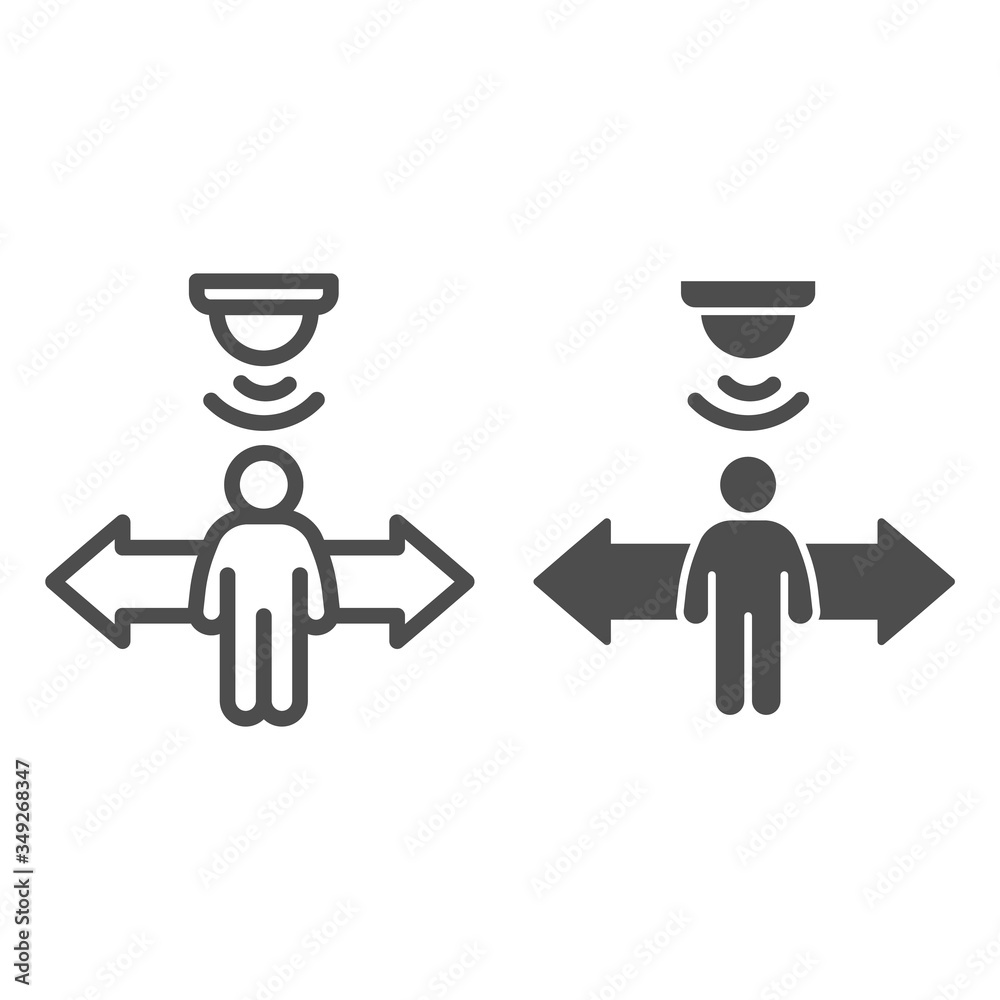 Poster motion sensor with man and arrows line and solid icon, smart home symbol, guard motion detection vec