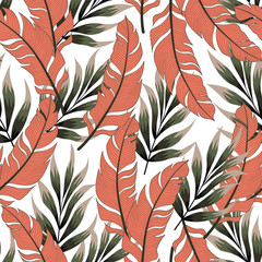Botanical seamless tropical pattern with bright plants and leaves on a delicate background. Hawaiian style.  Exotic tropics. Summer. Printing and textiles. 