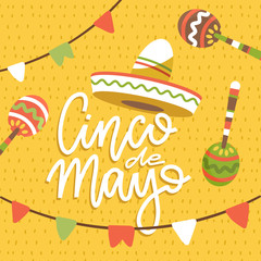 Happy Cinco de Mayo greeting card with hand drawn letterinf phrase and doodle sombreros, flags and maracas. Flat vector illustration on pattern background
