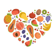 Fruits in heart shape. Set of fruit icons forming heart shape. Vegetarian food elements. Healthy cartoon flat vector illustration.