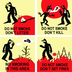 No smoking. Anti Tobacco Poster.The smoker person harms others with his addiction. Vector illustration flat design.Black and red color on a creamy yellow background.