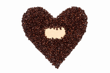heart-shaped coffee beans. Coffee background or texture with an empty space for an inscription, text, or logo. Heart shape from coffee shops on an empty white background