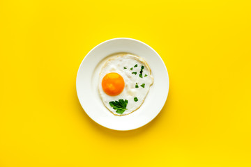 Fried eggs on plate - yellow kitchen table top-down