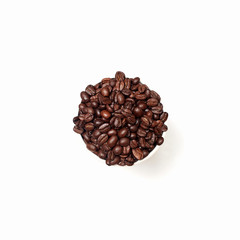 coffee background, a beautiful circle of coffee beans in the center of the frame. fried brown coffee beans in the shape of a circle in the middle on a white background. coffee beans, top view