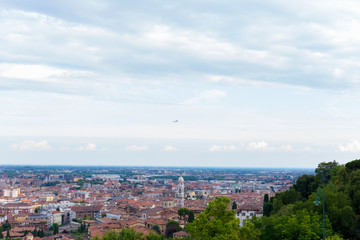 Summer European city skyline. Top down city view. Italian city landscape. View of Bergamo city. Italy.