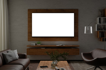 Glowing TV screen at night on the white brick wall  of modern living room. Clipping path around screen. 3d illustration