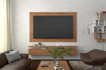 TV screen on the white brick wall  with wooden plate above the cabinet in modern living room with couch, armchair, coffee table, bookshelf, curtain. Clipping path around screen. 3d illustration