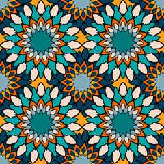Floral seamless pattern. Islam, Arabic, Indian, ottoman motifs. Seamless texture with a circular vintage elements. Kaleidoscope, medallion, yoga concept. Oriental style.