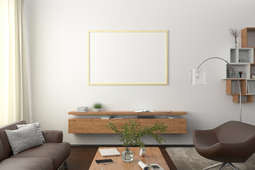 Horizontal blank poster on white wall in interior of modern living room with clipping path around poster. 3d illustration